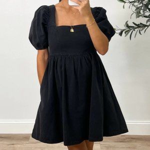 Black Cotton Puff Sleeve Dress with Pockets